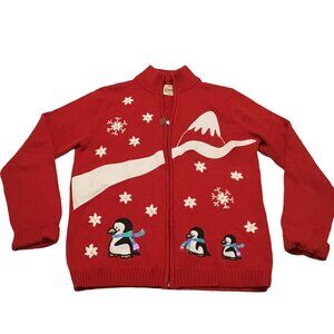 B Moss Snow Penguin Cardigan Sweater Size Med M Red Full Zip Holiday Christmas